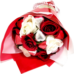 Belgian Chocolate Bouquet – Red & Silver Hearts with Roses